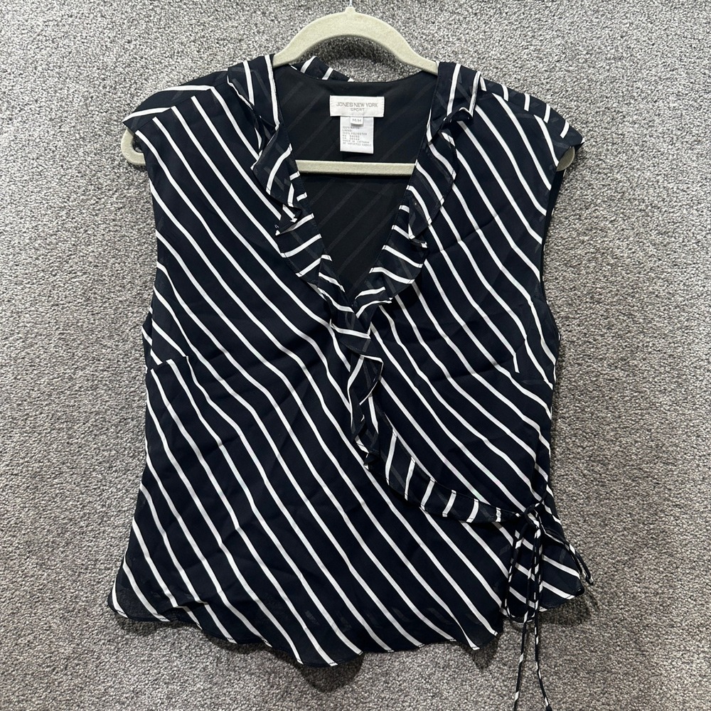 Jones New York Sport Wrap Top Medium Black Striped Ruffle Office Academia